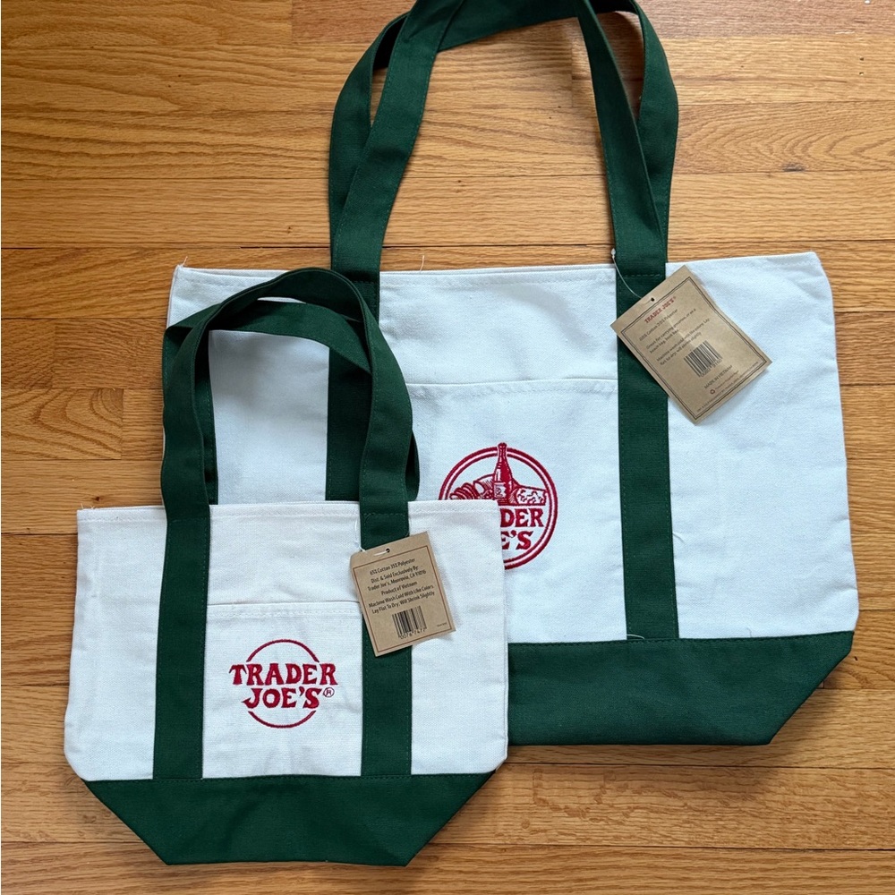 Trader Joe's Green and White Mini and Large Tote Bags Set